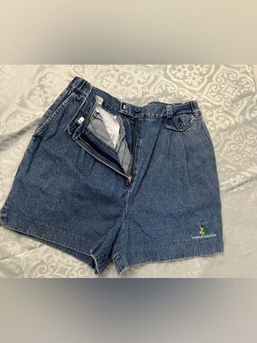 Vintage Y2K High-Waist Denim Shorts with Embroidered Logo - Blue size 10 #A2
